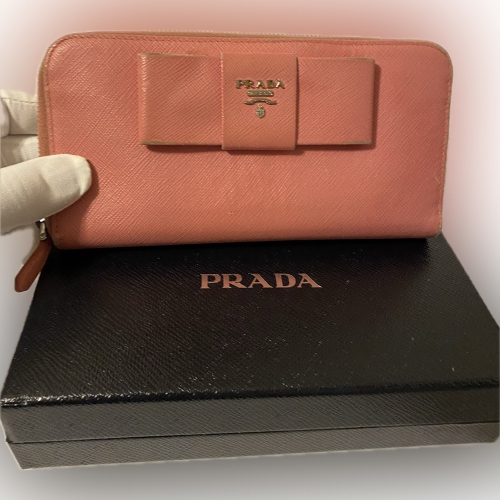 Prada Pink Saffiano Leather Bow Zip Around Wallet